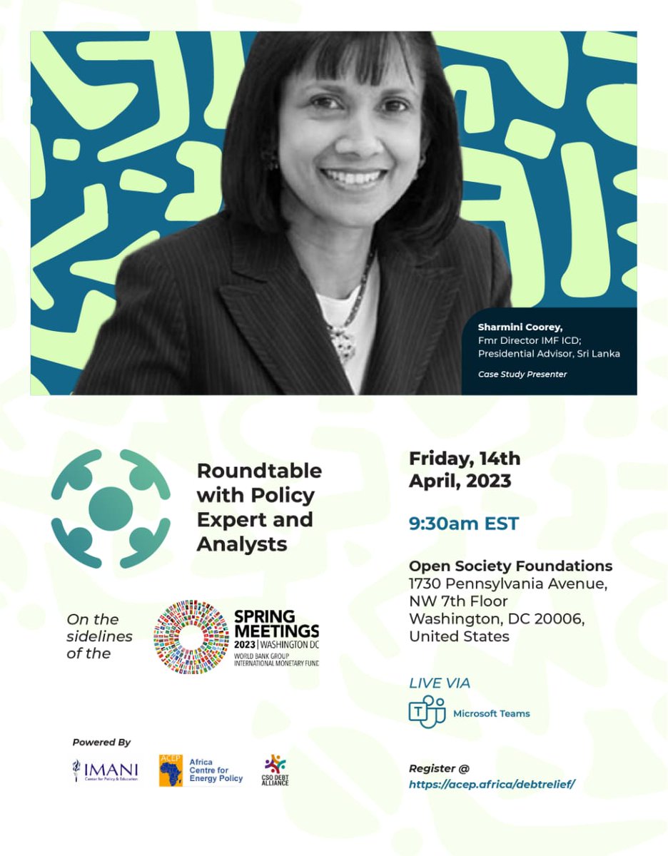 AcepPower's tweet photo. Make a date with us this Friday on the sidelines of the 2023 #SpringMeetings in Washington, DC.

📆Fri. April 14
⏲️9:30 am EST
📍Open Society Foundations office
Also live via Microsoft Teams

Register here: https://t.co/5DbX8EjQaM

#ACEP
#IMF #WorldBank
#ReshapingDeevelopment https://t.co/yFQdLBmHye