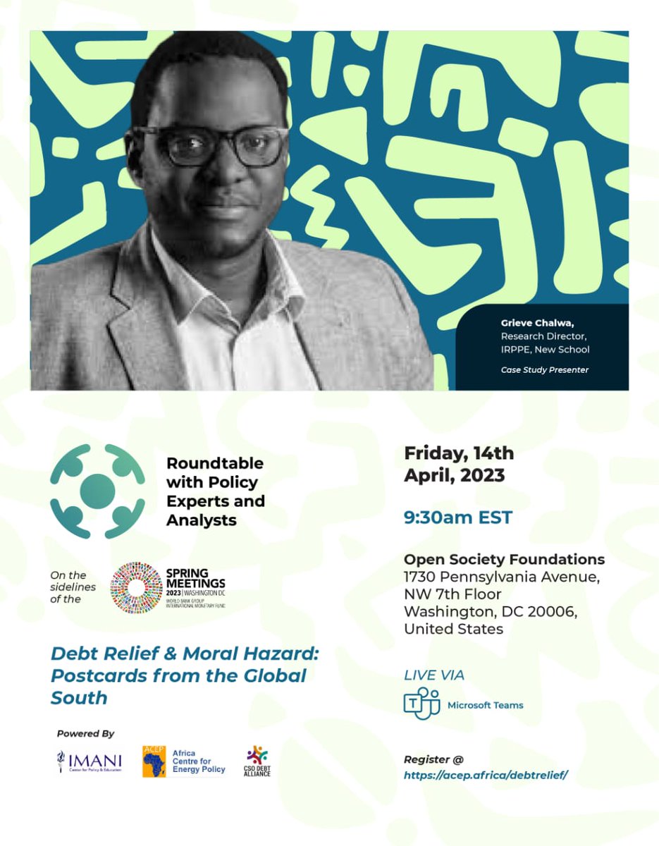 AcepPower's tweet photo. Make a date with us this Friday on the sidelines of the 2023 #SpringMeetings in Washington, DC.

📆Fri. April 14
⏲️9:30 am EST
📍Open Society Foundations office
Also live via Microsoft Teams

Register here: https://t.co/5DbX8EjQaM

#ACEP
#IMF #WorldBank
#ReshapingDeevelopment https://t.co/yFQdLBmHye