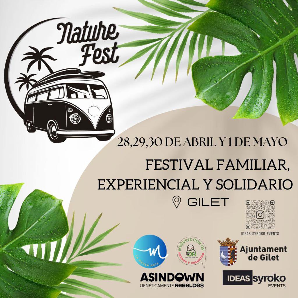 AjGilet's tweet photo. 📣📣 Atenció que tenim #comboi 💃🕺
Vos presentem la primera edició del 🎶 #NatureFest a #Gilet
Del 2️⃣8️⃣ d’abril a l’1️⃣ de maig, a la 🌟 Plaça Verge de l’Estrella, festival familiar, experiencial i solidari
@ideas_syroko_events @ASINDOWN #SaveTheDate #giletéscomboi https://t.co/SnoIJVzHHi