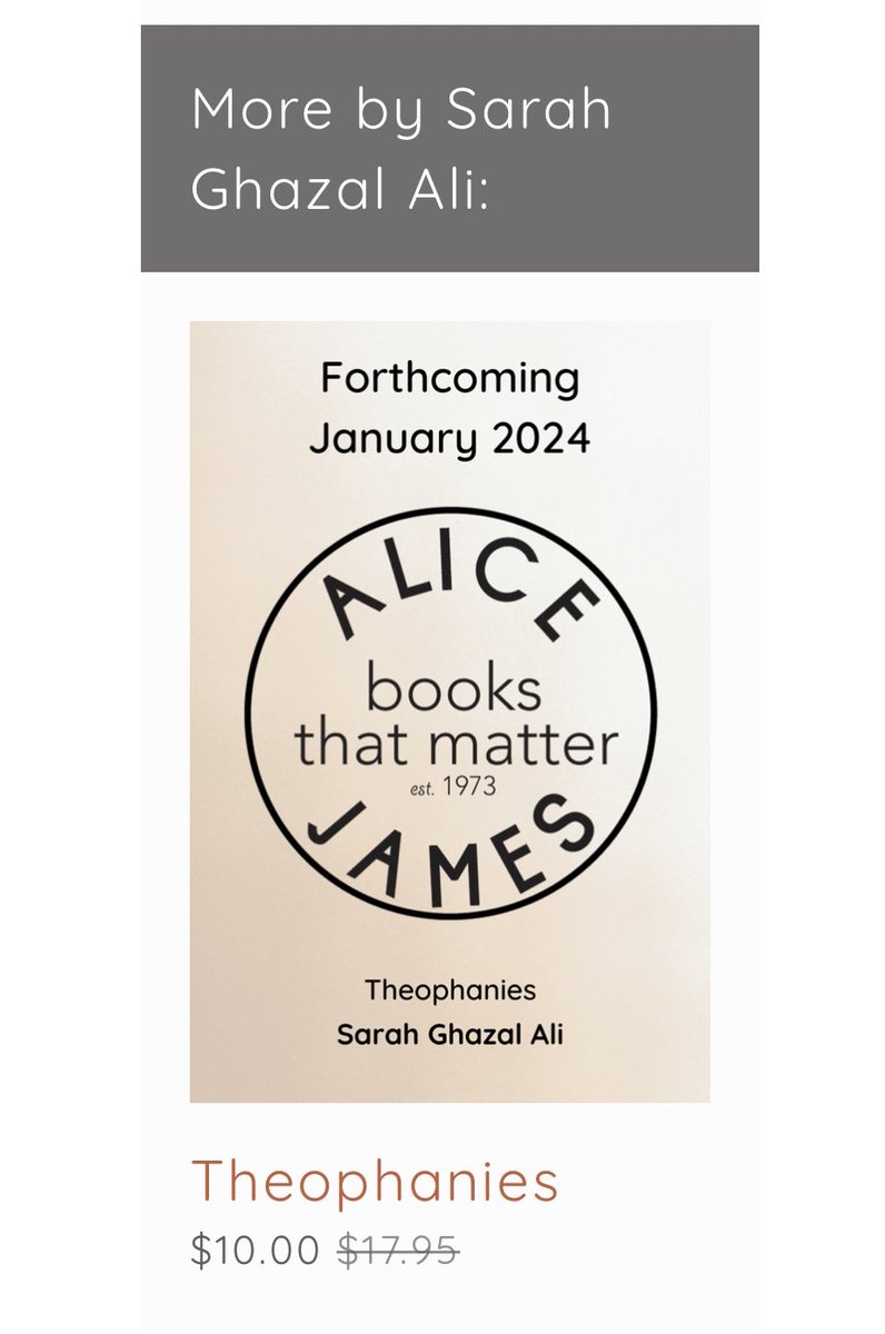 my press <a href="/AliceJamesBooks/">Alice James Books</a> is having an amazing sale right now—most books are $10, including THEOPHANIES!

cover &amp; joy &amp; screaming are coming soon, but if you want to pre-order AND get a great deal, now is the time 👀

pre-order here: alicejamesbooks.org/bookstore/theo…