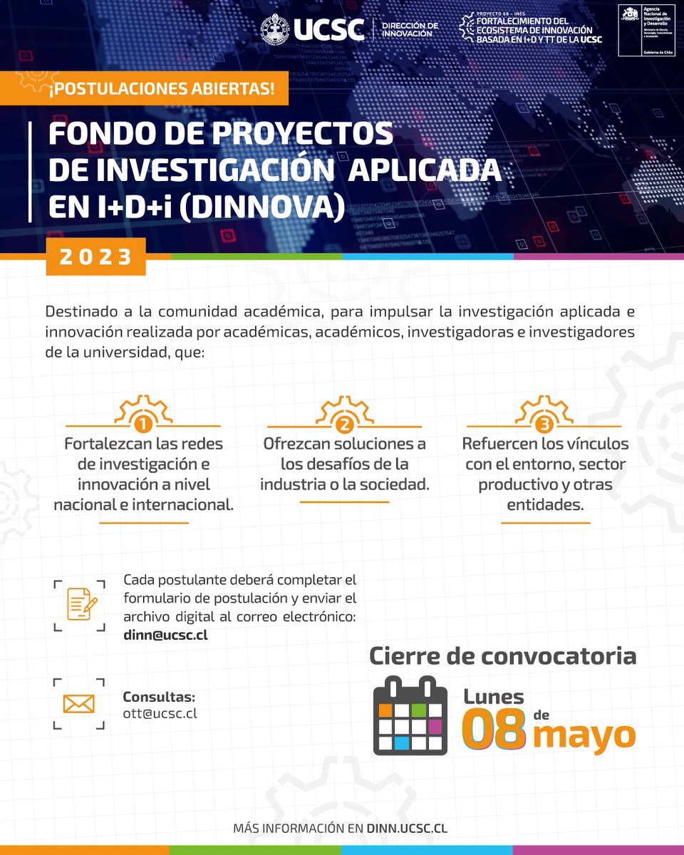 dinn_ucsc's tweet photo. ¡Atención comunidad académica de la @ucscconcepcion!
Abrimos convocatoria para el Fondo de Proyectos de Investigación Aplicada en I+D+i (DINNOVA).

Inscripciones e información en 👉https://t.co/D4FZ02cNyr

#InnovaInESUCSC #InnovaUCSC https://t.co/422vsYvzhY