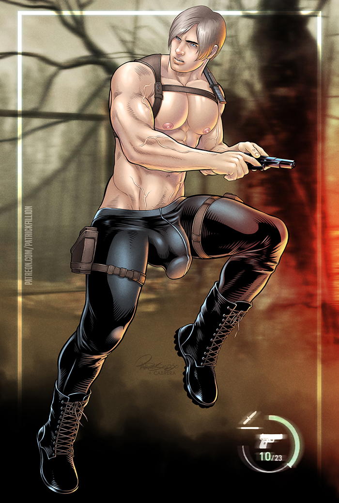 NakedJustice's tweet photo. LEON KENNEDY of RESIDENT EVIL 4! Of course he'll pull out his weapon! See it here --> https://t.co/a7Wz36VFwR #gayartwork #gaycomics #patrickfillion https://t.co/J8vKbxHyRb