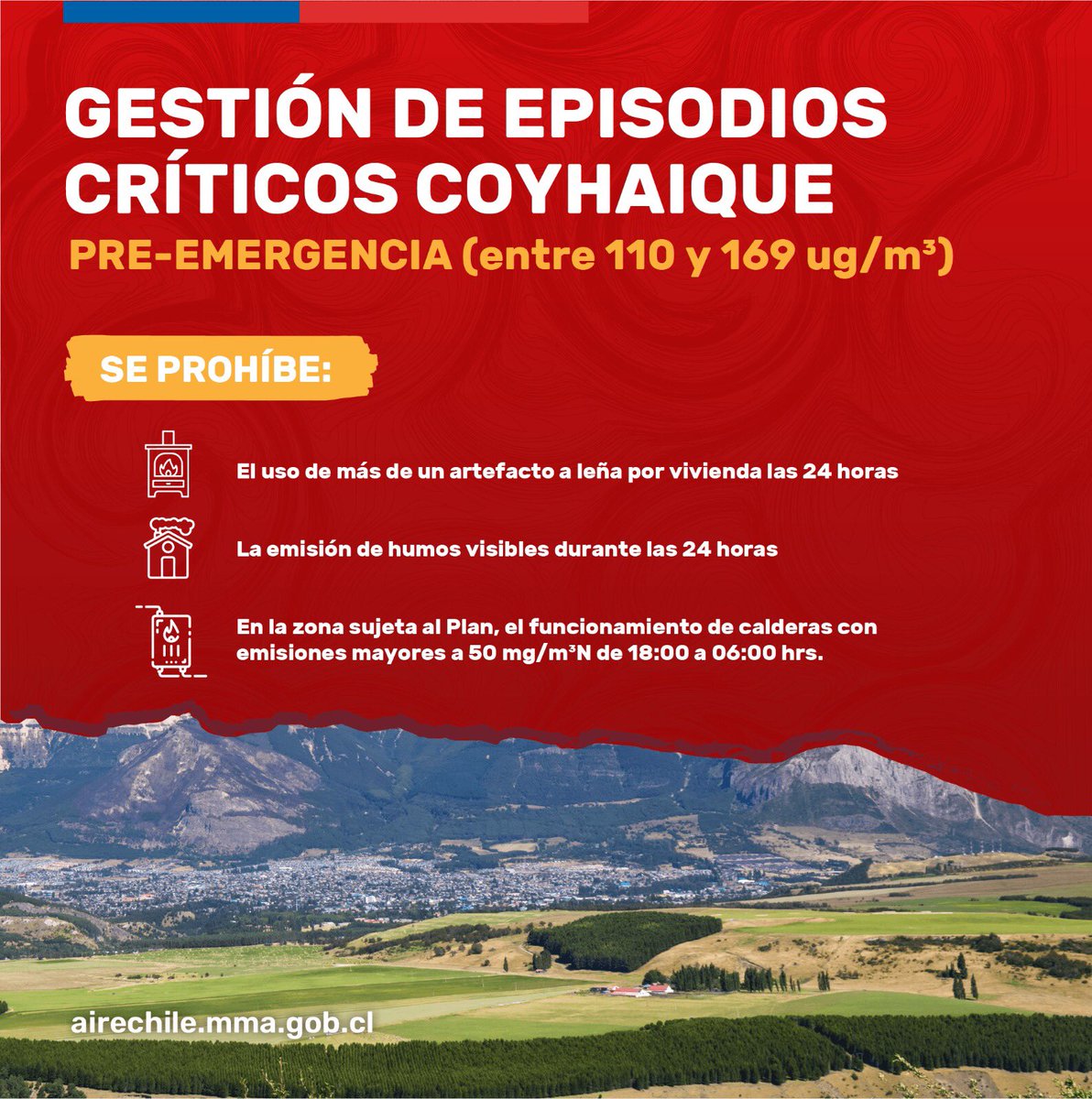 MMAaysen's tweet photo. La @DPRAysen declara que para mañana jueves 13 de abril, el pronóstico de la calidad del aire en Coyhaique es PREEMERGENCIA.   Revisa las restricciones y recomendaciones en: https://t.co/X1UJBZFxVv https://t.co/7Gt1Jbihdd