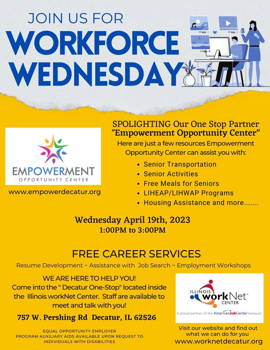 The Decatur-Macon County Opportunities Corporation will be at the Workforce office for "Workforce Wednesday" on April 19th! From 1pm to 3pm, you can come by and meet with representatives from the organization to learn about the many incredible services they offer!
