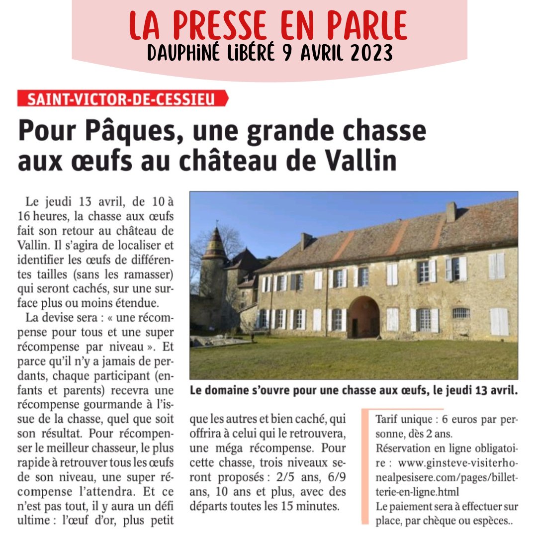 [ #lapresseenparle ]

RDV au #chateaudevallin demain pour une grande chasse aux oeufs !

#valsdudauphine #nordisere #isere 
#chateau #chasseauxoeufs #ideedesortie #vacancesdepaques #paques #oeufsdepaques #enfamille