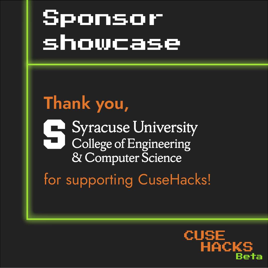 CuseHacks's tweet photo. Time for another sponsor showcase! Thanks to @EngineeringSU for supporting CuseHacks!
#cusehacks #syracuseuniversity #hackathon https://t.co/csQTcURbax