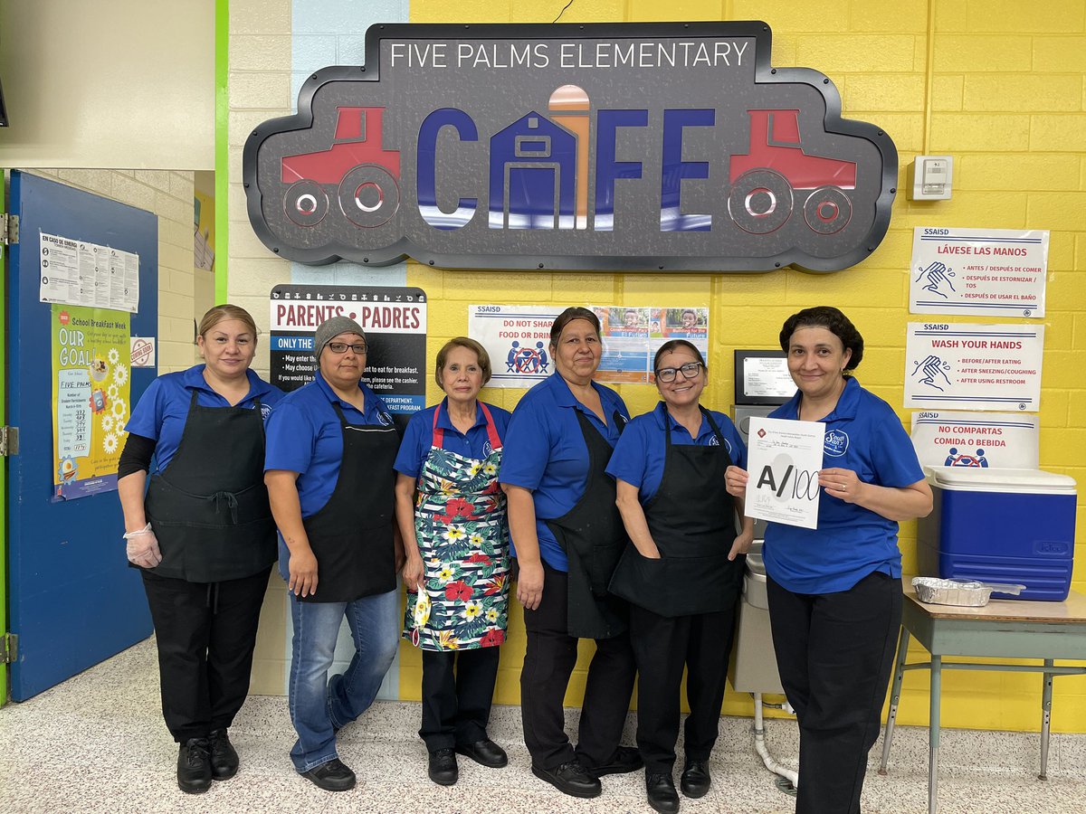 SSAISDFivePalms's tweet photo. Congratulations to our amazing cafeteria staff for receiving a 100 on the San Antonio Metropolitan Health Safety Report!!!  Thank you for all your hard work, way to go!!! https://t.co/te7aglzew8