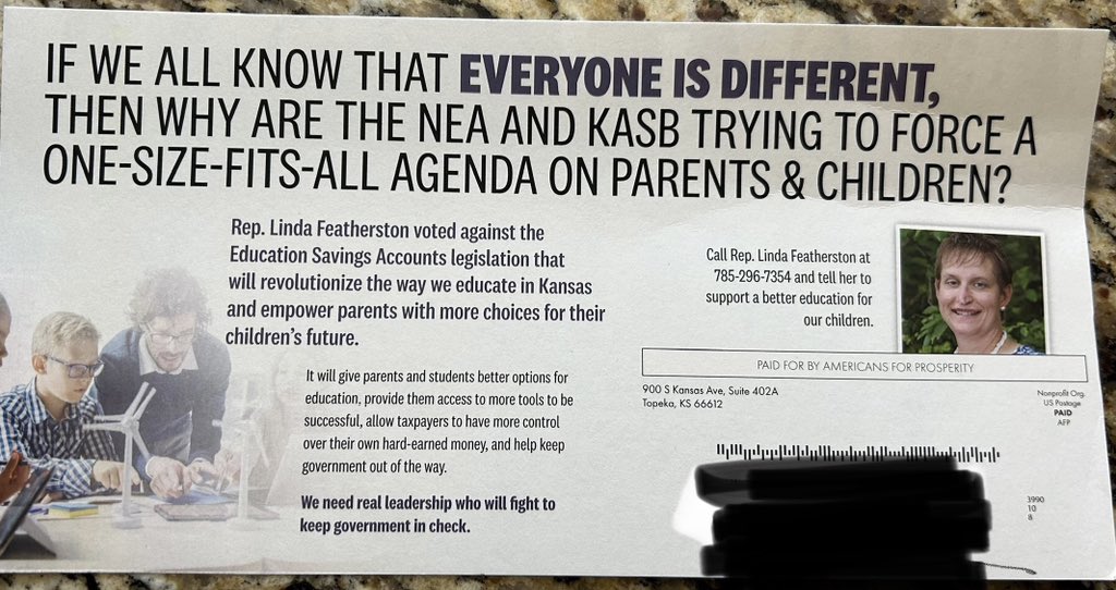 Linda4Kansas's tweet photo. Thanks to Koch funded special interest group AFP for reminding HD 16 that I voted against vouchers! I’ve said from the start that I will protect the public school safety net or every child. #ksleg 

For the record this is the 4th postcard they’ve sent against me since 1/1/23. 1/2 https://t.co/hInuMBgqvc