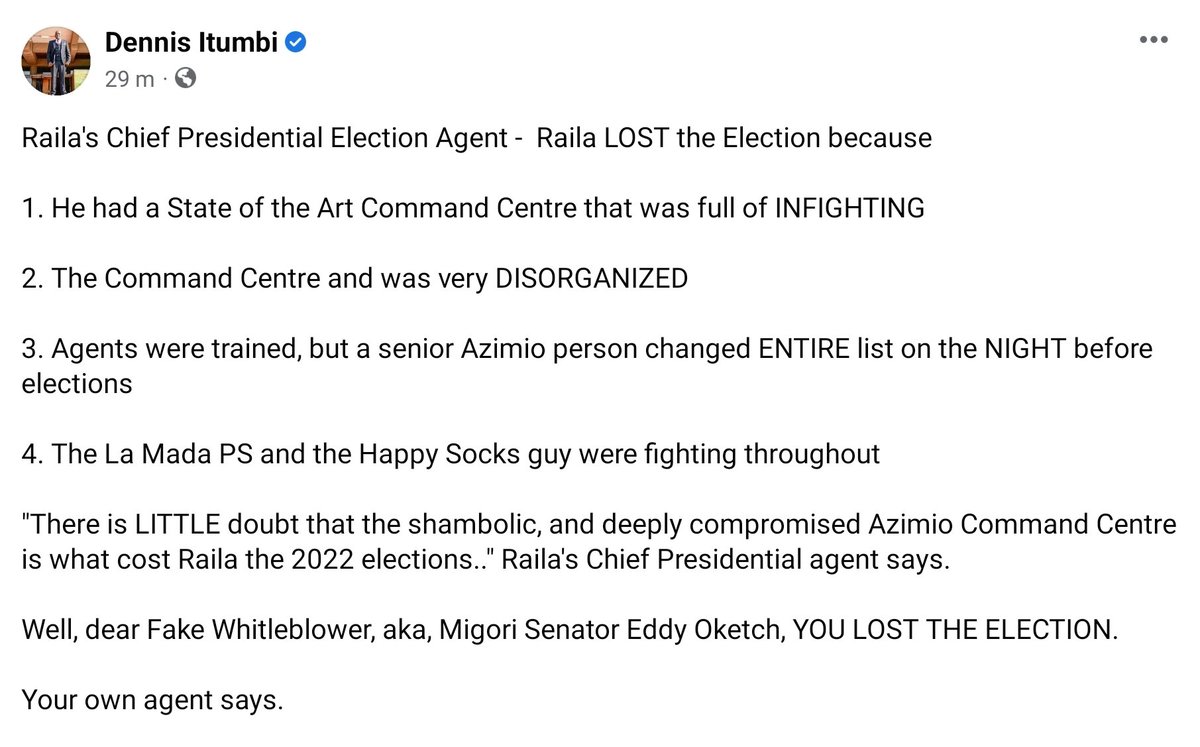 OleItumbi's tweet image. AZIMIO's chief presidential agent says RAILA Odinga LOST the 2022 Election.

Sasa, dear Fake Whistleblowere, aka Migori Senator, Eddy Oketch, YOU lost the election.

Next time you register a domain, be a little bit clever!

Ni hayo tu...