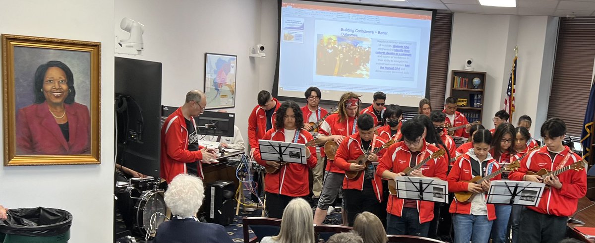 Enjoying the Thunderbird Ukulele Ensemble from Bettye Davis East Anchorage High School *in* the Bettye Davis Committee Room.
Go T-Birds!!