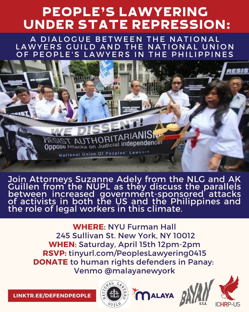 Two upcoming events for our community to attend:

- The Human Rights Crisis Under Marcos JR, happening tonight April 12 @ 6-7:30 pm ET.

- People’s Lawyering Under State Repression, happening this Saturday April 15 @ 12-2 pm.

More information in the flyer below!!