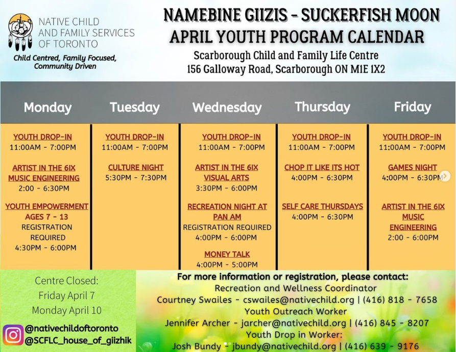 NCFST's tweet photo. Check out the Youth Program Calendar the SCFLC at Galloway Rd. for the month of April!!!
For more info follow @scflc_house_of_giizhik and DM your questions
#NCFST
#SCFLC
#IndigenousYouth https://t.co/DszxOHmmD1