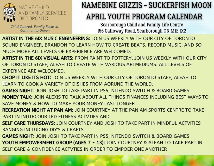 NCFST's tweet photo. Check out the Youth Program Calendar the SCFLC at Galloway Rd. for the month of April!!!
For more info follow @scflc_house_of_giizhik and DM your questions
#NCFST
#SCFLC
#IndigenousYouth https://t.co/DszxOHmmD1