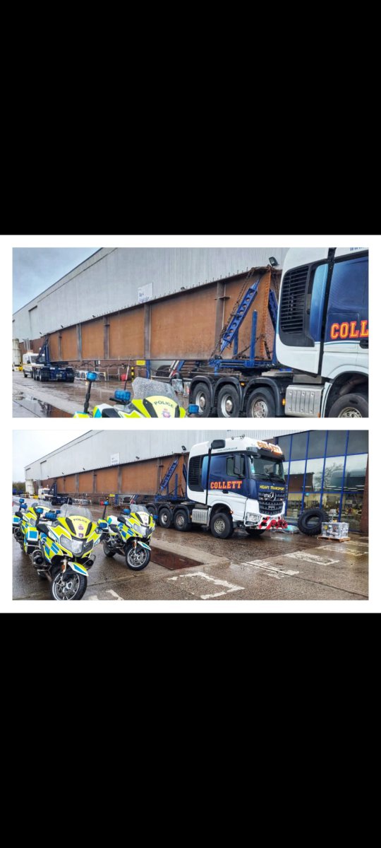 gmptraffic's tweet photo. #CVU assisted #CollettsHaulage escort an abnormal load measuring over 35m in length from #Severfield Engineering @GmpBolton along De Havilland Way onto the motorway. Job well done by all, no issues. BIG thanks to the public for their patience. https://t.co/5QpLQJ0vWJ