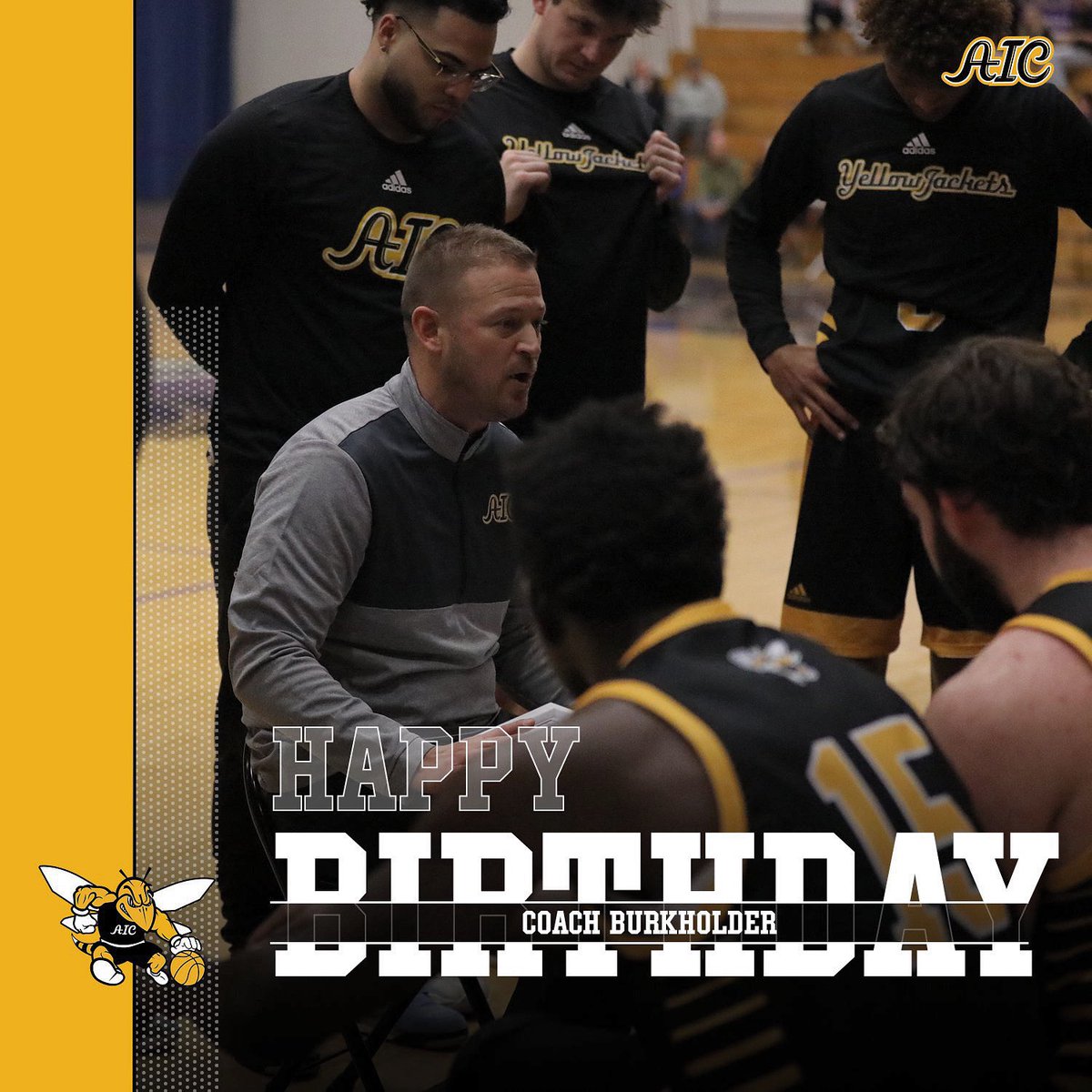 AIC_MBB's tweet photo. Huge birthday shoutout to our leader, Coach Andy Burkholder!! #OneHiveOneFamily #goyellowjackets🐝🏀! https://t.co/uKm2zRRxSB
