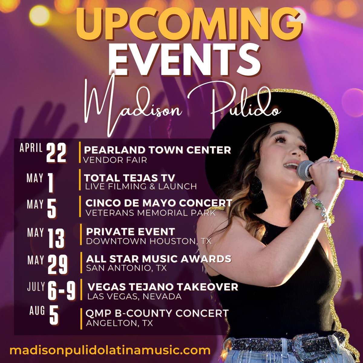 Stay Tuned!! Upcoming Events 🎶💜🤩 
#madisonpulido #fyp #supportnewmusic #pulido #supportnewartist #tejanoprincess #applemusic #Spotify #pandoraradio #youtubemusic