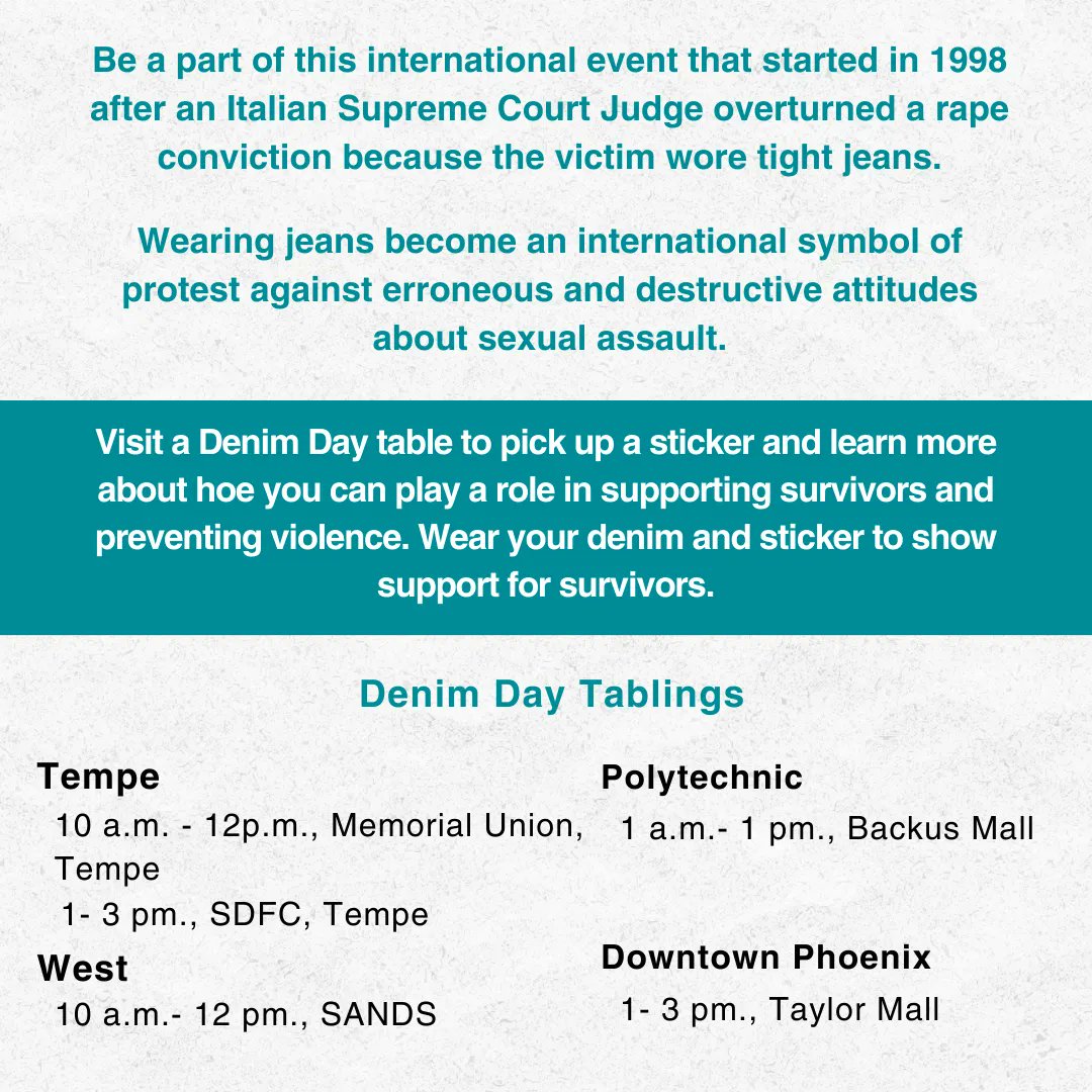 <a href="/ASUSRVP/">ASU SRVP</a> is counting down the days to Denim Day, an international day of survivor support. This event has been hosted annually to stand up against victim blaming. Show your support by wearing denim on April 26. #ASUSAAM

buff.ly/31S0ONS