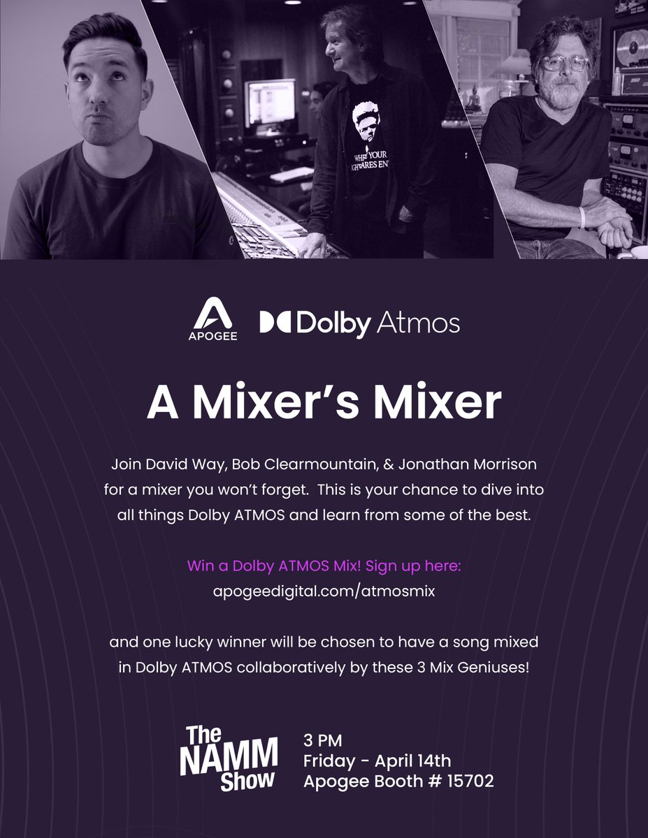 📣 Calling all mixers! 📣 Swing by at #NAMMShow and dive into all things #DolbyAtmos. Learn more: apogeedigital.com/atmosmix