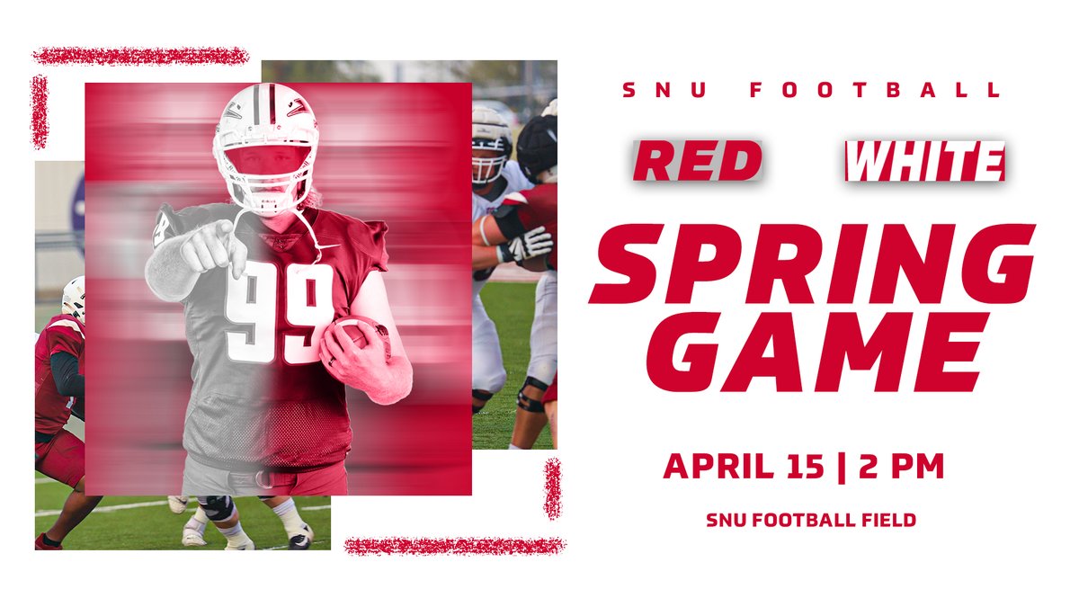 The Annual Spring Game is here! Come support your Crimson Storm this afternoon!

⏰ 2:00 PM
📍 SNU Football Stadium
🎟 FREE
🎥 bit.ly/3MEeW5P

#BoltsUp⚡️
