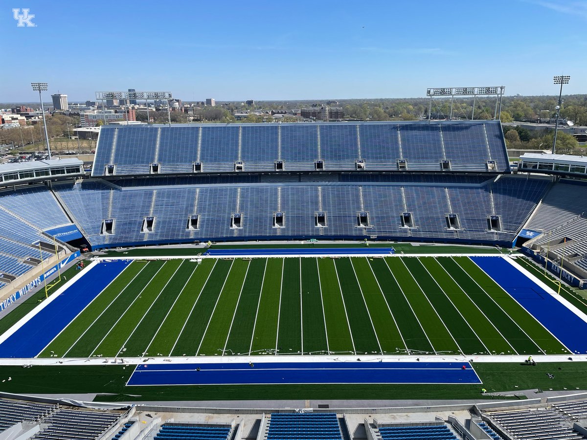 UKFootball's tweet photo. Update: Kroger Field surface installation coming along with details and logos to be added soon! 
And Nutter Field House renovation is under way! https://t.co/EgFRwEvqw5