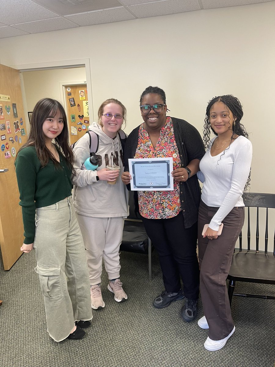 LasellSGA's tweet photo. In honor of SGA’s #ValuesToLiveBy, #SGA’s current VP of Academic Affairs Celeste Hunter-Pines, next year’s VP of Financial Affairs Marino Kozaka, and Senator Emily Lifson presented Associate Dean of Student Affairs Latoya Johnson with a certificate for #ThePlatinumRule value. https://t.co/wsBe6uokL0