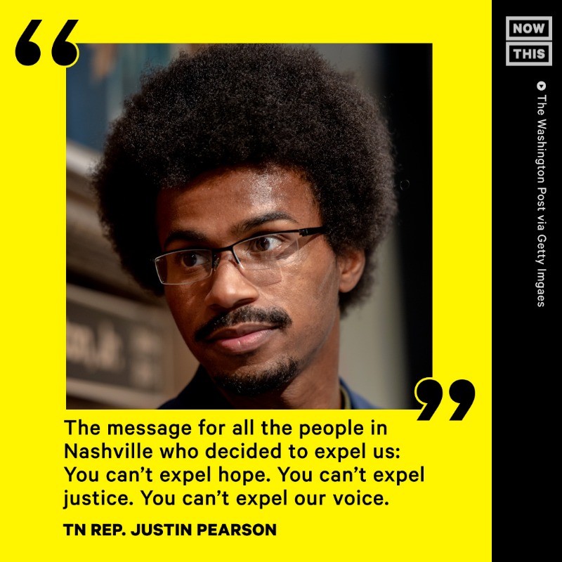 nowthisimpact's tweet photo. Two days after Tennessee state Rep. Justin Jones was returned to the state legislature by the Metro Nashville Council, fellow expelled lawmaker Justin Pearson was also reinstated in a vote by the Shelby County Board of Commissioners