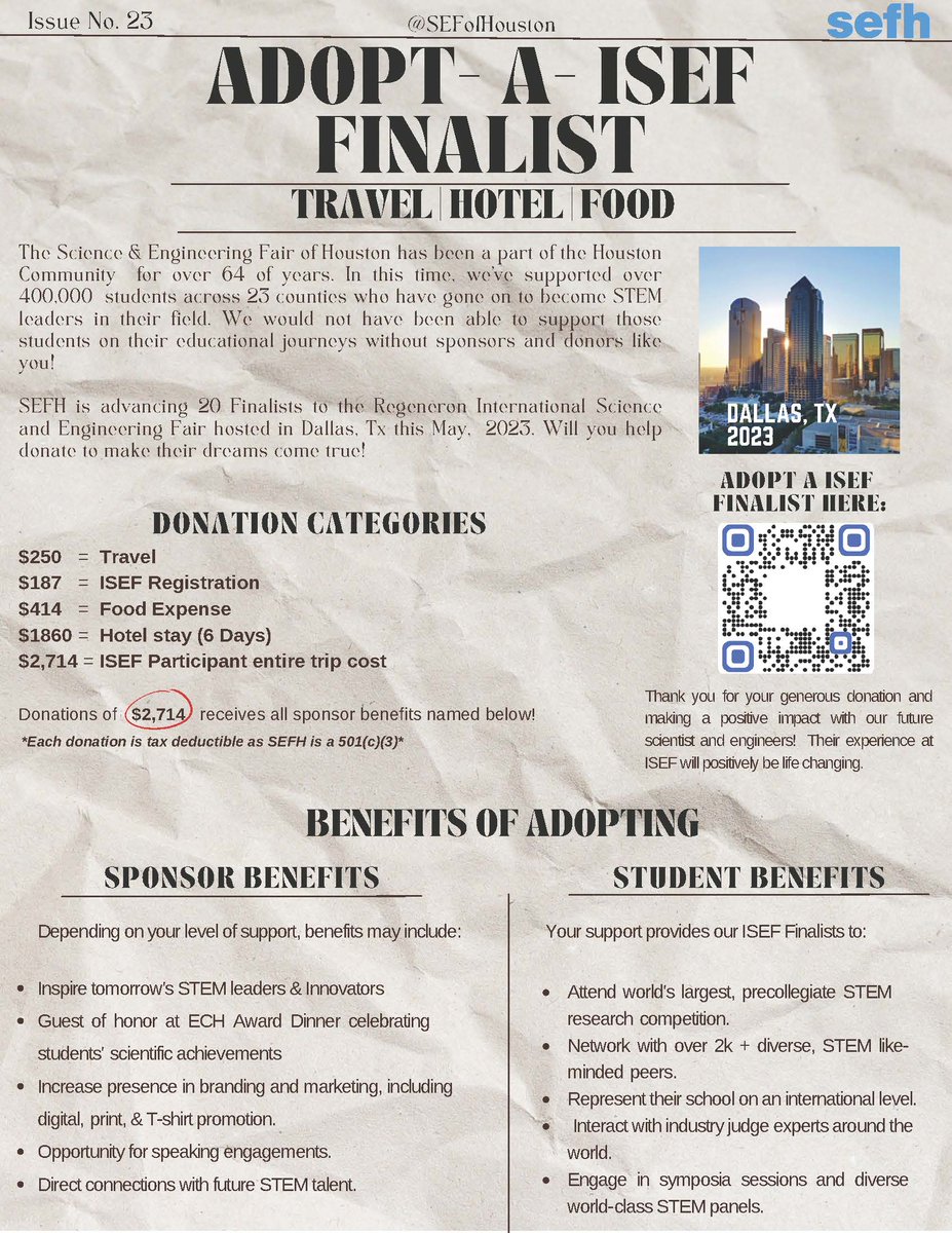 sefofhouston's tweet photo. The “Adopt A ISEF Finalist” Campaign is launching with the goal of covering our participants’ expenses for the 2023 ISEF competition. Your support in any amount will be appreciated.  Join the Campaign and make a: https://t.co/XJ8k7ddtAi
https://t.co/dL7aZcqouG https://t.co/6sxigb483q