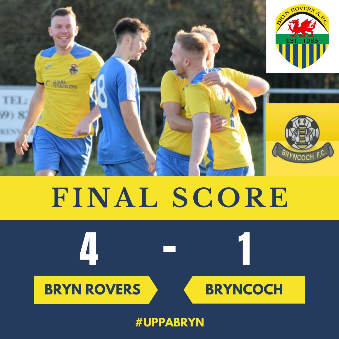 A fantastic 4-1 win against a strong @BryncochBees side moves our first team up to second in the league with 6 games left to play!

The Bryn goals coming from,

@ConorButler4 ⚽️
@HarriJones12 ⚽️
Josh Jones ⚽️⚽️

#OntoTheNext
#UppaBryn
💛💙💛💙💛