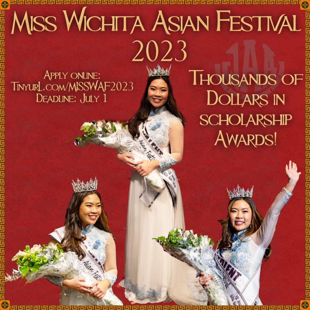Who wants to win scholarships? You can apply until July 1st to compete in this year’s Miss Wichita Asian Festival Scholarship Cultural Pageant to be held October 28 at Century II.

If you have questions, message us here. 

#MissWAF2023