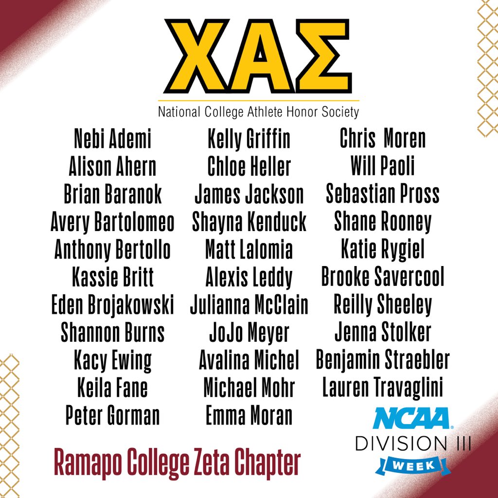 In #NCAAD3 we celebrate the student-athlete! Today we are announcing the newest members of the Chi Alpha Sigma Zeta Chapter at Ramapo College. These individuals earned a cumulative GPA of 3.4 of better and have junior or senior academic standing. #WeAreRCNJ #WhyD3