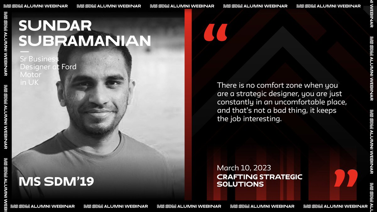 Here are some quotes that one of the panelists, Sundar Subramanian (SDM '19) shared in our last Alumni Webinar Series.

View more quotes on MS SDM blog:
lnkd.in/exKJpJjR

The upcoming Alumni Webinar on April 14th is open for registration: 
lnkd.in/eKy-ZjEd