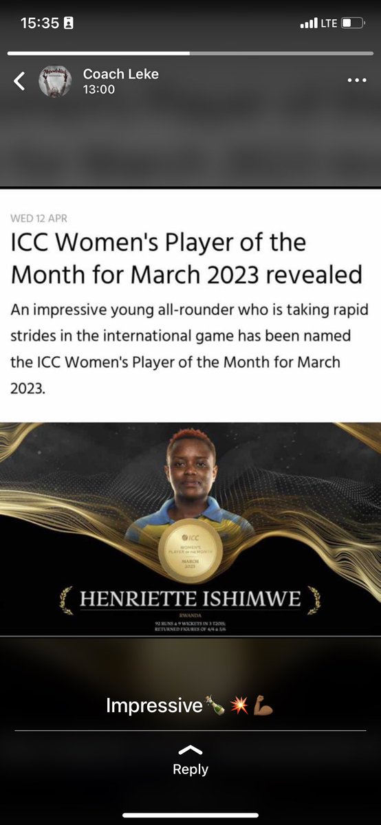 okigbo_ijeoma's tweet photo. Hey!!!

She’s not your regular cricketer😌

Jan: 4 wickets in 4 balls against Zimbabwe at  U19 World Cup

March: Hattrick against Ghana
March; 5-haul wicket against Cameroon, 43 in 33 balls, both at @NigeriaWT20I, MVP of the event

April:??

Hail 19 yo 🇷🇼 Henriette Ishimwe 🙌🙌👸 https://t.co/l9oGwVxY7W