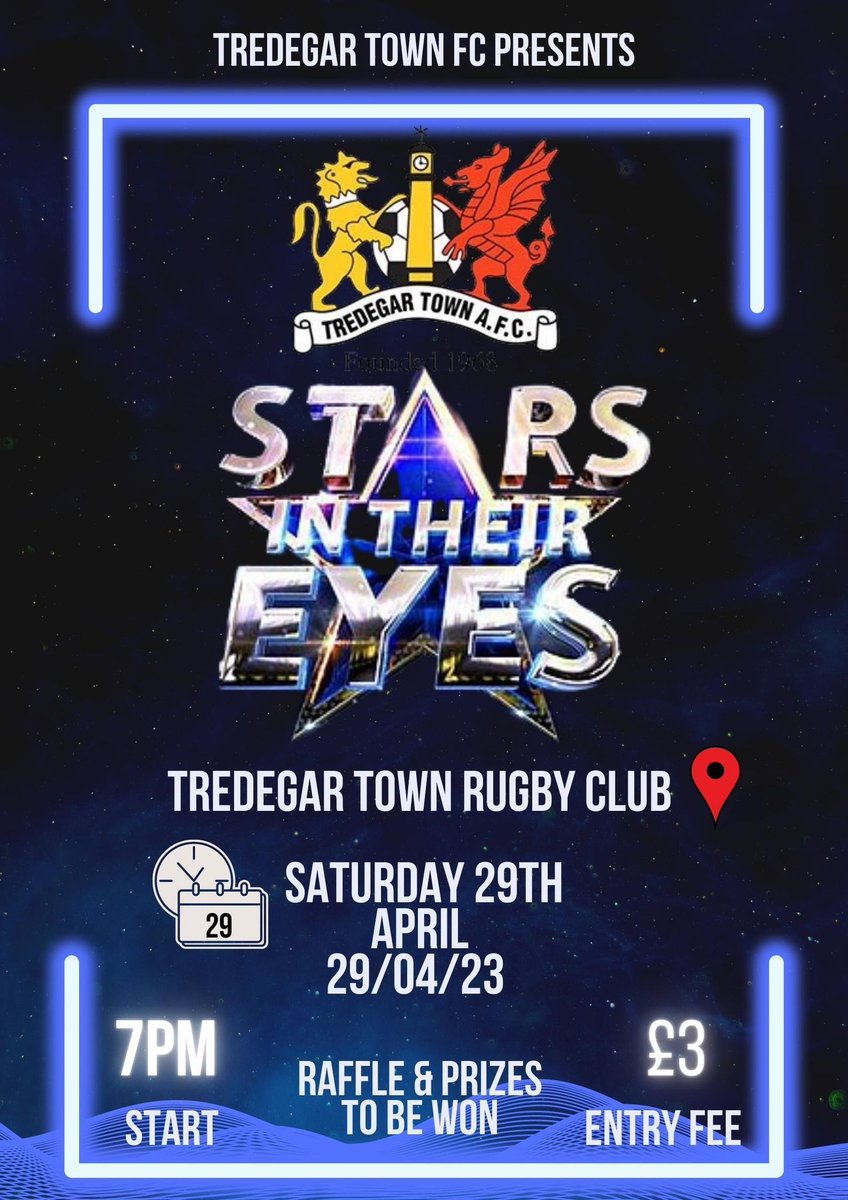 Tredegar Town Afc is putting on a 'Stars in Their Eyes' evening at the Rugby Club - a night you won't want to miss that's for sure. 

🎟🎟 Tickets now on sale 🎟🎟

If you want tickets, please message on here or drop us a DM. 🍾🎵🎤🎸🍺

#starsintheireyes