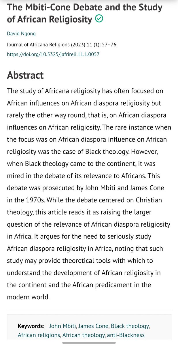 ProfDNgong's tweet image. My article that reads the famous debate between James Cone and John Mbiti as having wider implications for the study of African diaspora religions in Africa has been published by the good people of @JAfricanaRelig. It is behind pay wall 🧱 
scholarlypublishingcollective.org/psup/africana-…