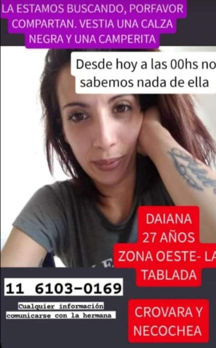 desaparecidaorg's tweet photo. Daiana tiene 27 años, desapareció el 11/4 en La Tablada, La Matanza, provincia de Buenos Aires. Zona Av. Crovara y Necochea. Vestía una camperita y calza negra. Por favor compartir, y si la ven avisar #URGENTE al☎️1161030169, o al 911

#LaTablada #LaMatanza #BuenosAires https://t.co/WPTTmKYJZI