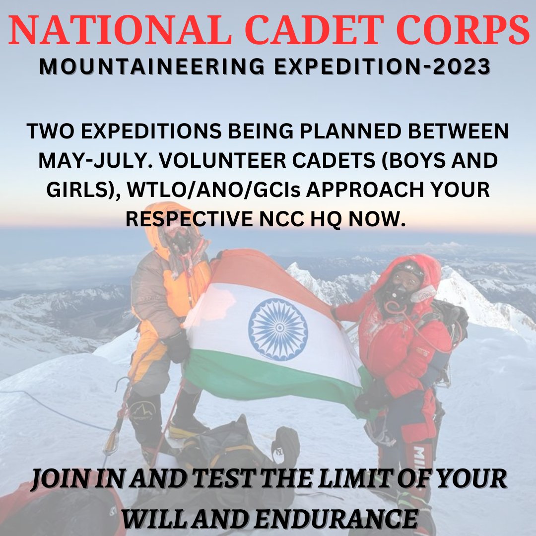HQ_DG_NCC's tweet photo. A beautiful opportunity for all our present cadets, girls and boys, who are desirous of being part of this mountaineering expedition. It'll be tough without doubt, but we're sure our young cadets are tougher. All the best

Fill the form below to apply. 

https://t.co/gEYddPk3se https://t.co/zbuhRGsSba