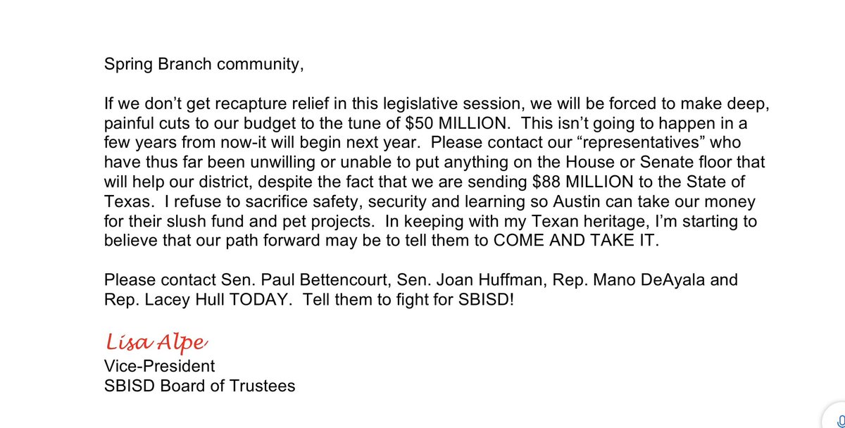 #fullyfundSBISD @GovAbbott @TeamBettencourt @joanhuffman @ManoForStateRep @LaceyHullTx @whitmire_john @RepPennyMShaw @LtGovTX @SBISD @HoustonChron @abc13houston @KHOU @KPRC2 @statesman @miyashay