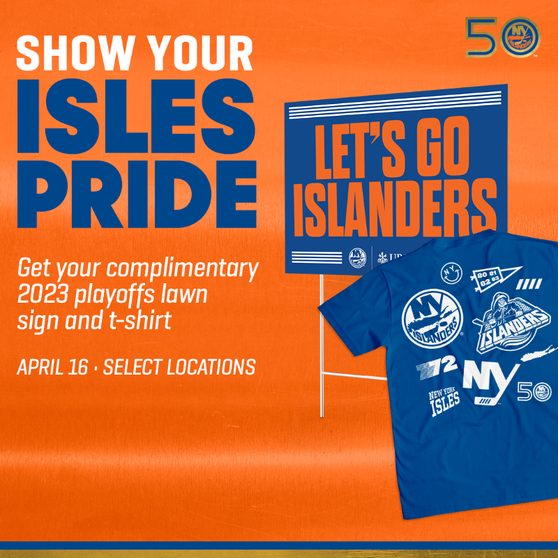 NYIslanders's tweet photo. Your New York Islanders are in the STANLEY CUP PLAYOFFS.

Celebrate by picking up a 2023 playoffs lawn sign and t-shirt at our Community Giveaway at select locations.

RSVP now ⬇️