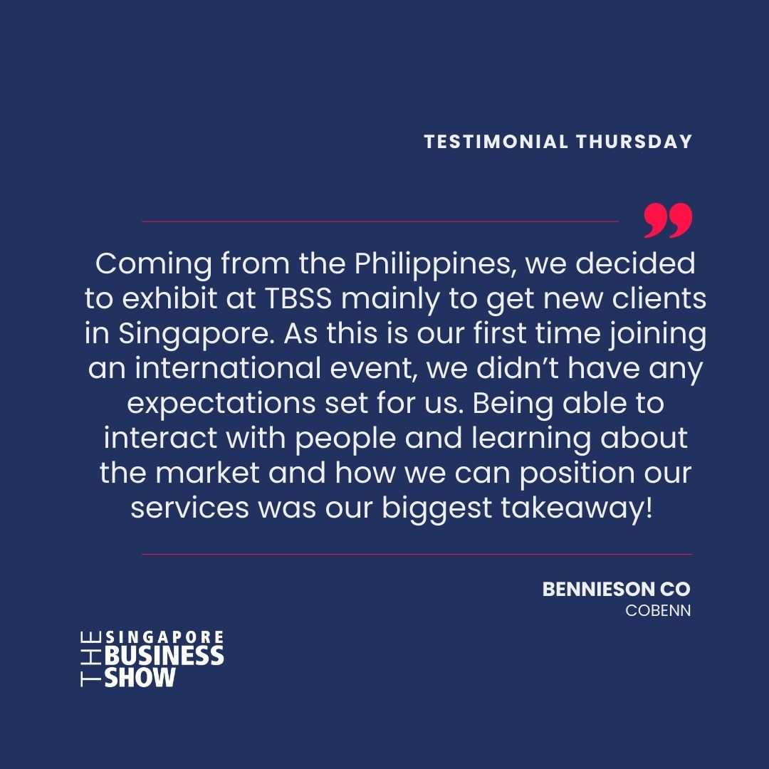 Hear what Cobenn Business Consultancy has to say about The Singapore Business Show! 

Get in touch with us for more partnerships, exhibitions, and sponsorship opportunities.

#TheBusinessShowSG #TBSSG #TBSS23 #business  #Startup #Entrepreneur #SingaporeExpo #opportunities