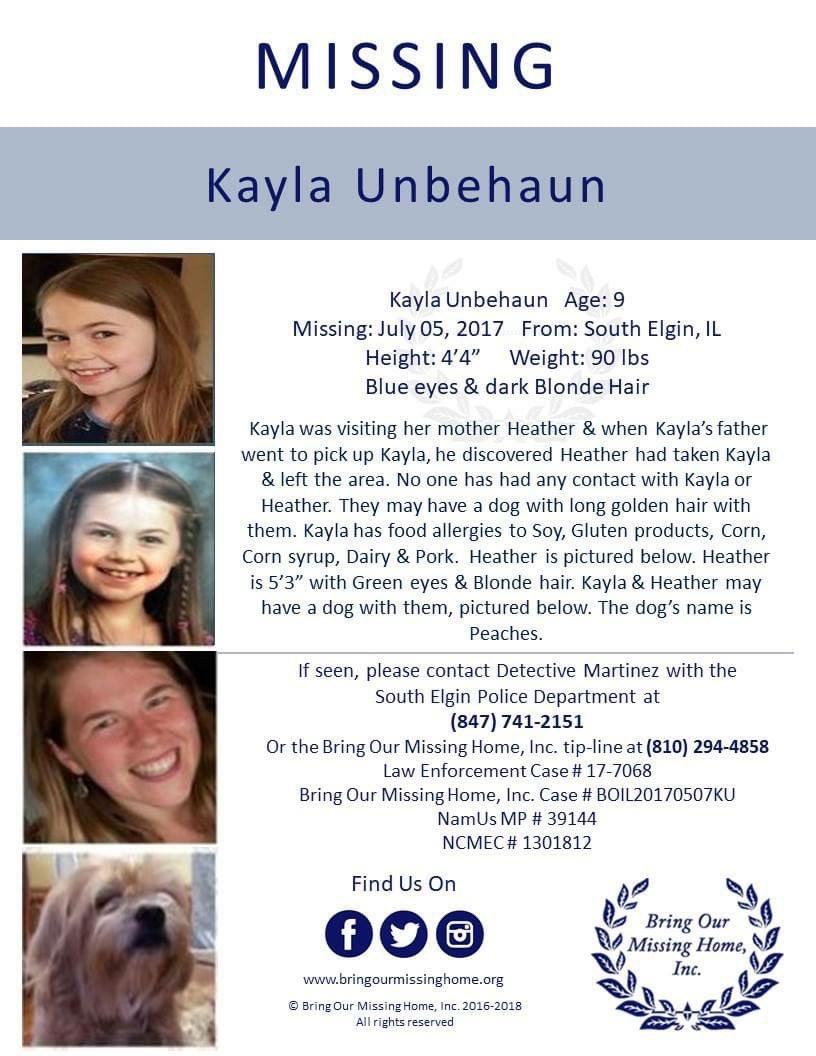 Kayla Unbehaun was abducted by her non-custodial mother from South Elgin, Illinois on July 5, 2017. #MissingChildAlert #MissingChild #Abduction #athens #Illinois