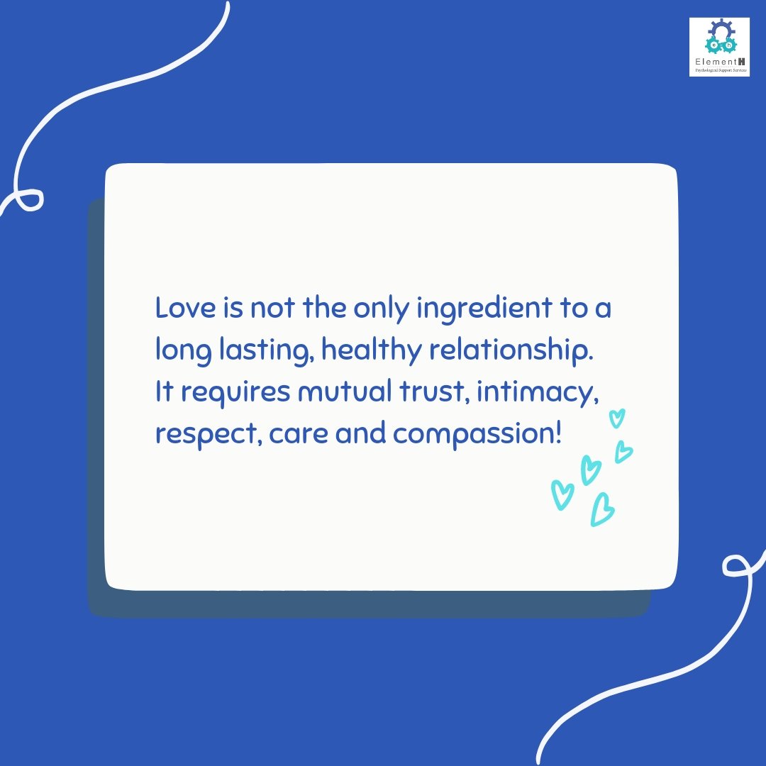 Element_H_PSS's tweet photo. What else do you think is needed for a healthy and long lasting relationship?

#healthyrelationship #mentalhealth #health #depression #anxiety #mentalhealthmatters #love #mentalhealthawareness #relationship #time #life #change #relationshipgoals #RelationshipAdvice #elementh https://t.co/mN1OMy1rge
