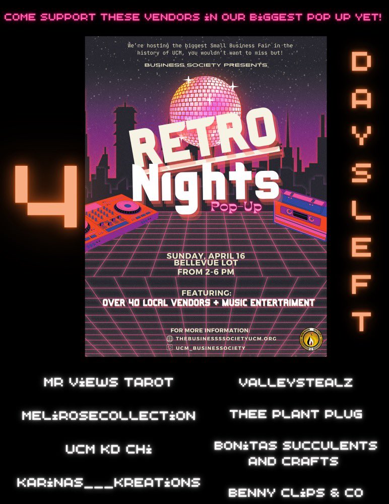 4 more days till our biggest event! Don’t miss out on UC Merced’s biggest small business pop-up ever! 🪩🕺

Happening Sunday April 16th, 2pm-6pm at UC Merced’s Bellevue Lot! With over 40 local small business there is something for everyone!