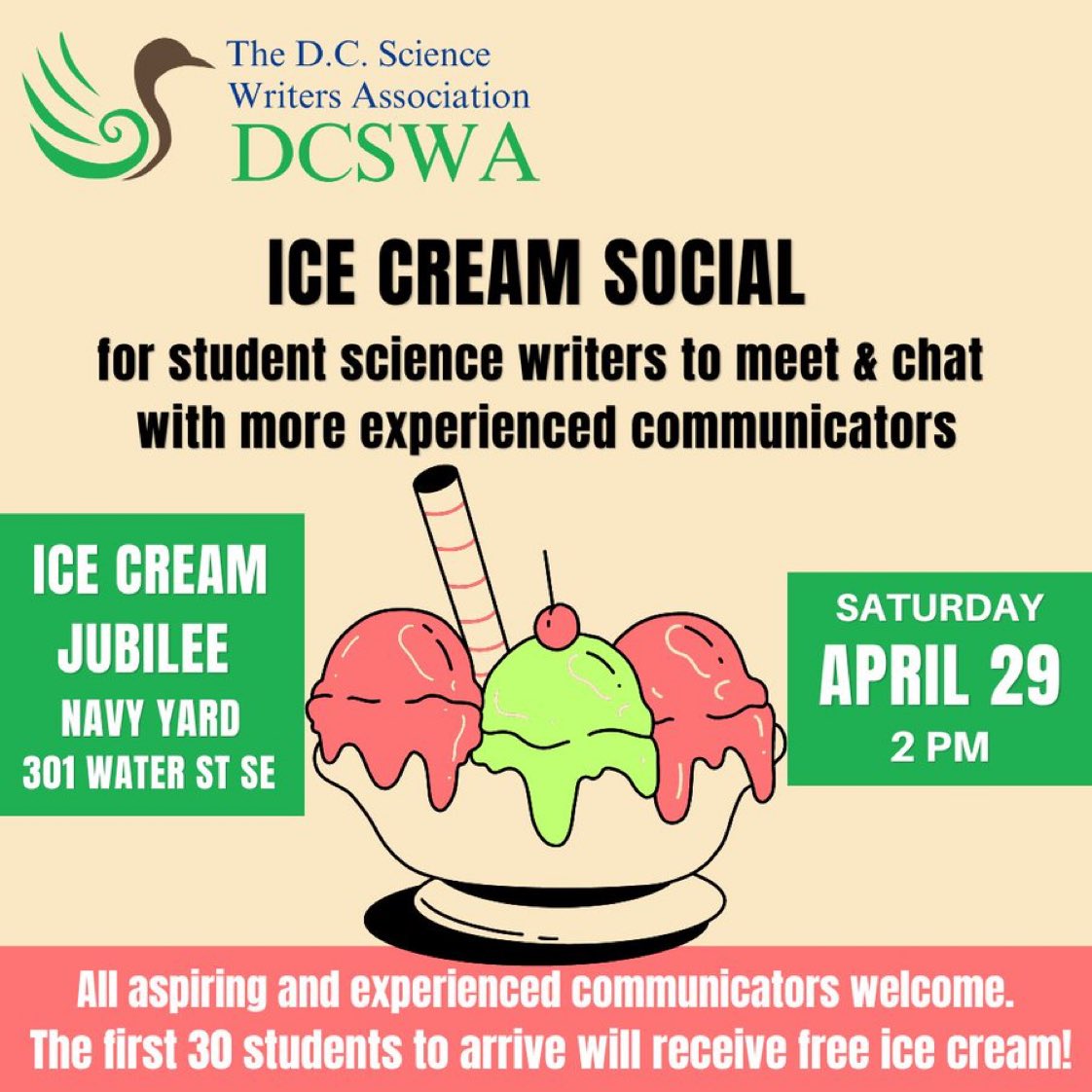 DCSWA š„ (@dcswa) on Twitter photo Hereās a scoop for all science writersā¦
Or, rather, scoops
On April 29, <a href="/DCSWA/">DCSWA š„</a> š„is screaming ice cream š¦ as in a big social at <a href="/icecreamjubilee/">IceCreamJubilee</a>
The 1st 30 students gets some frozen assets for free! Details here & below: dcswa.org/event/dcswa-icā¦
Enjoy a sundae on a Saturday Hereās a scoop for all science writersā¦
Or, rather, scoops
On April 29, <a href="/DCSWA/">DCSWA š„</a> š„is screaming ice cream š¦ as in a big social at <a href="/icecreamjubilee/">IceCreamJubilee</a>
The 1st 30 students gets some frozen assets for free! Details here & below: dcswa.org/event/dcswa-icā¦
Enjoy a sundae on a Saturday