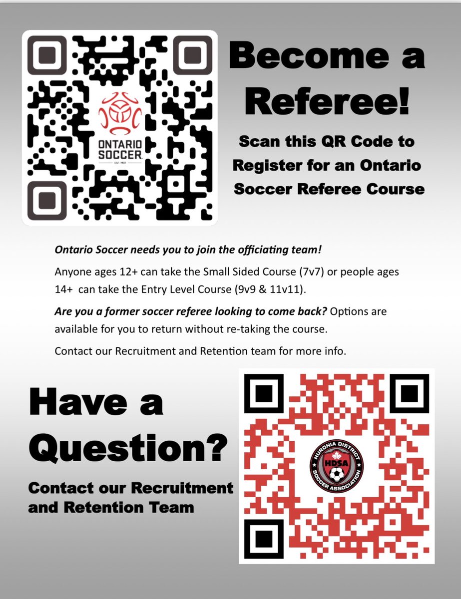There’s a significant shortage of Referees. With No Ref, there is No Game. 

Scan the code, or visit ontariosoccer.net/referee-clinics to take the course. 

Away for a few years and looking to make a comeback? Check ontariosoccer.net/matchofficials… #SayYesToRef