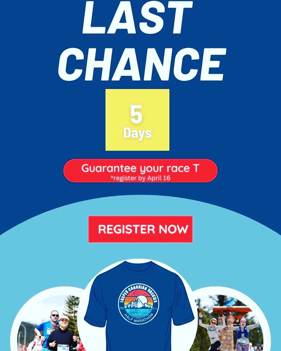 The countdown is on. We are able to guarantee race T-shirt if you register by April 16th! 
Link here👉
jaspercanadianrockieshalf.ca

#jasperhalf @pursuitbanffjasper @jasperbrewing #runJasper #jaspernationalpark #JasperHealthCareFoundation
#jasperhalfmarathon🏃 #JasperHalfMarathon2023