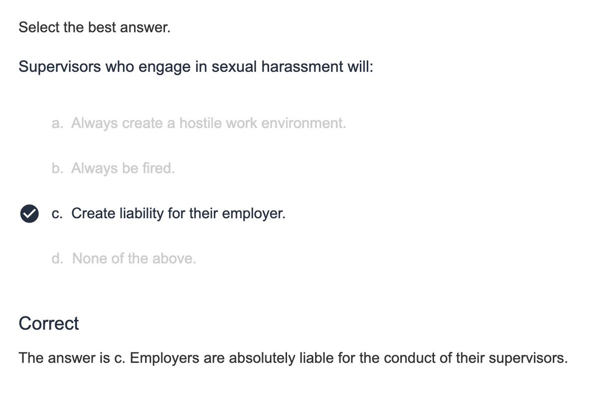 LoriSaldanaSD's tweet photo. Iโm completing an online course on preventing workplace harassment and I think #SDMTS staff may have failed these questions: https://t.co/BSCCC2KHNG