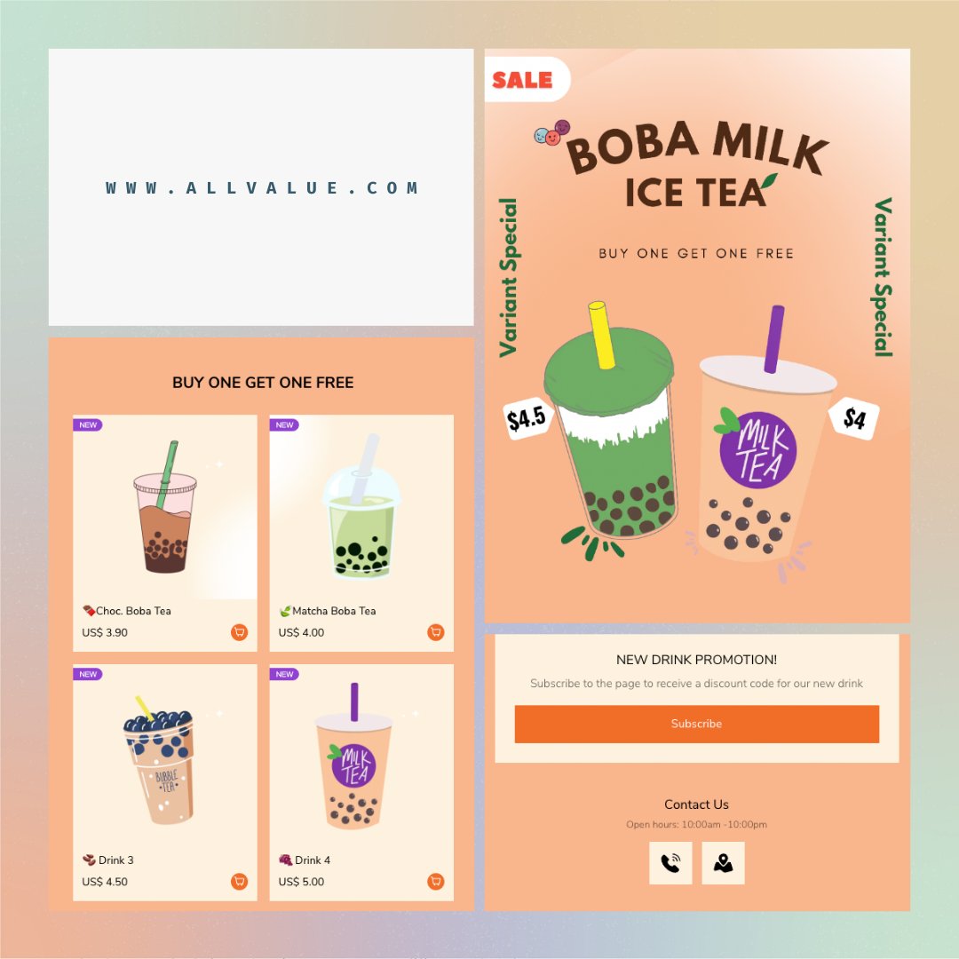 Allvalue_com's tweet photo. We launched one more FREE website template for boba tea shop owners! Sign up now at https://t.co/0Ye7nalE7E https://t.co/U5BkePcvTE