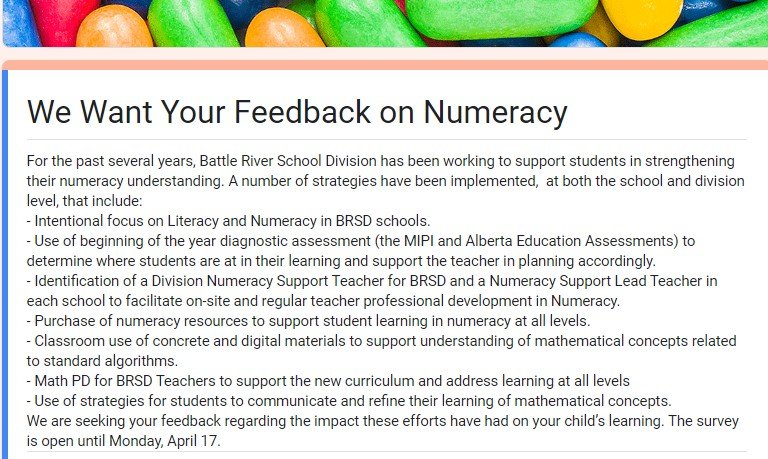 Hey #BRSD parents. Please tell us what you think about our Numeracy programs. You should have received a link to the BRSD numeracy survey through your school email. It's open until April 17. Thanks for your feedback!