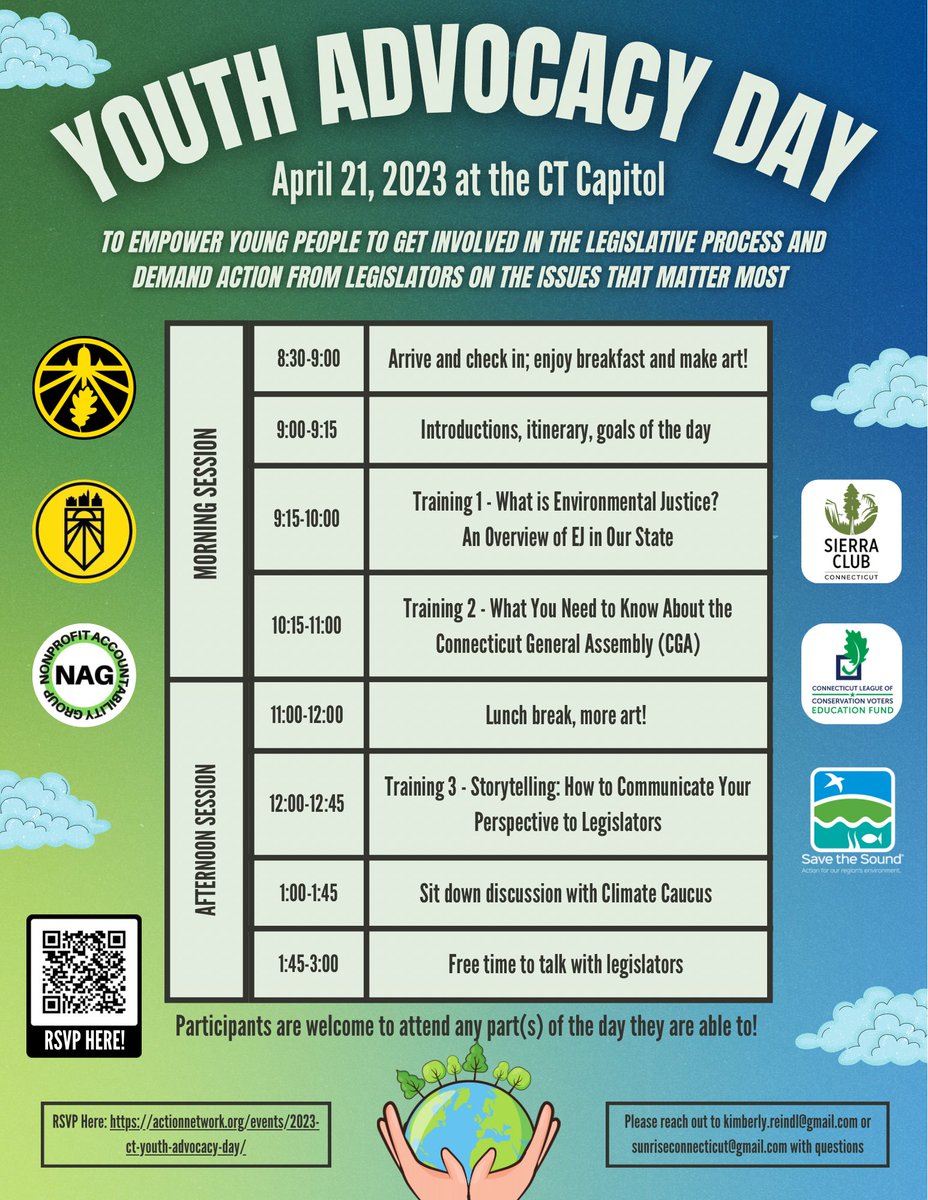 Do you want to be part of a mobilizing force for action on climate? Join us for CT Youth Advocacy Day on Apr. 21 at the State Capitol for a day filled with #climateaction! 

Register here: actionnetwork.org/events/2023-ct…