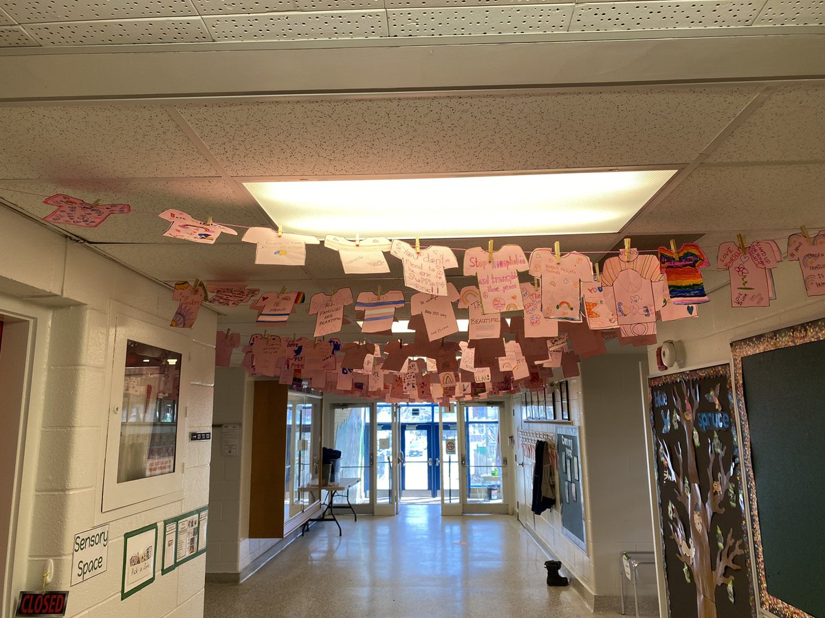 Sprucecourt's tweet photo. Sprucecourt PS wears pink for #InternationalDayOfPink to show we stand up to homophobia and transphobia and all forms of hate and discrimination. Thank you to our GSA for the pronoun pins, class presentations, posters, and Pink Shirt project @tdsb @gbvpoffice_TDSB  @Purvature https://t.co/RC4WFqyKLA